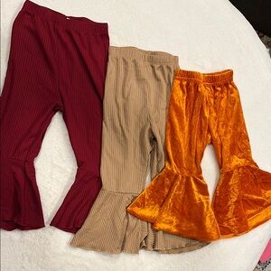Toddler bell bottoms, flare leggings in maroon, tan, and velvet orange!